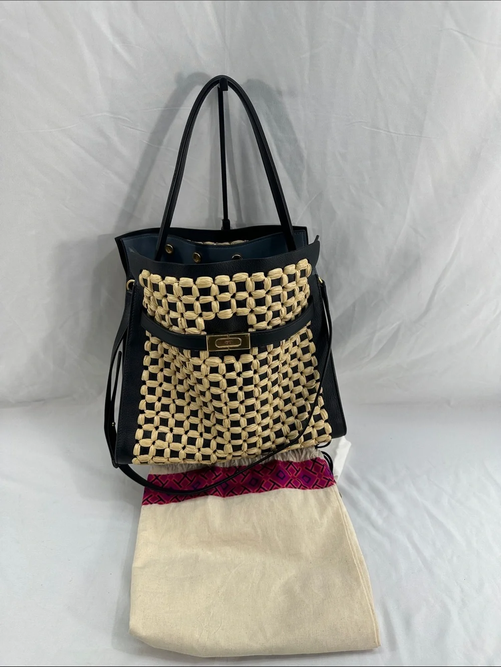 Tory Burch Lee Radziwill Woven Raffia Double Satchel Bag W/ Dust Cover